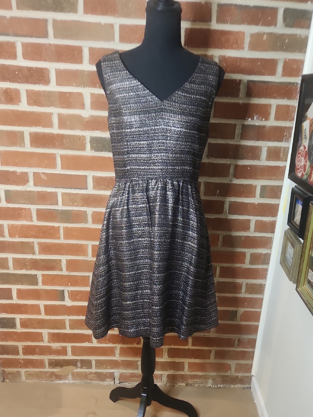 Moulinette Soeurs Metallic Black & Silver Fit-and-Flare Mini Dress, Size 8